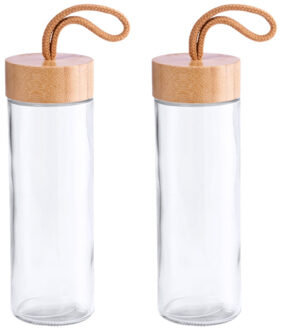 2x Stuks glazen waterfles/drinkfles transparant met bamboe houten dop met handvat 420 ml - Drinkflessen