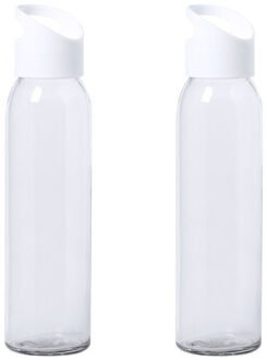 2x Stuks glazen waterfles/drinkfles transparant met schroefdop met wit handvat 470 ml - Drinkflessen