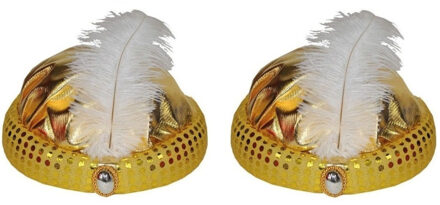 2x stuks goud Arabisch Sultan verkleed hoedje met diamant en veer