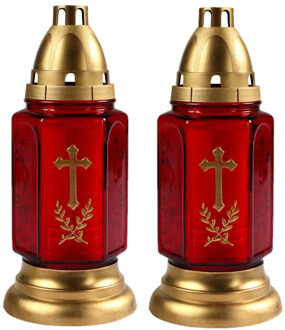 2x Stuks Grafkaarsen/gedenklichten Met Deksel Rood/goud 11 X 24 Cm 3 Dagen Brandtijd - Buitenkaarsen