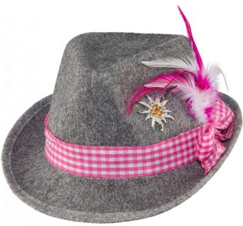 2x stuks grijze Oktoberfest tiroler dameshoed met roze band