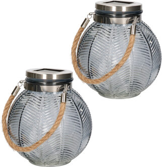 2x stuks grijze solar lantaarn van gestreept glas rond 16 cm - Lantaarns