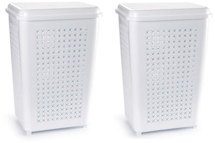 2x stuks grote wasmand/opberg mand met deksel 50 liter in het wit - Wasmanden