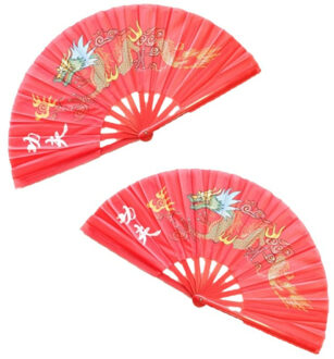 2x stuks handwaaiers/Tai Chi waaiers draak rood polyester
