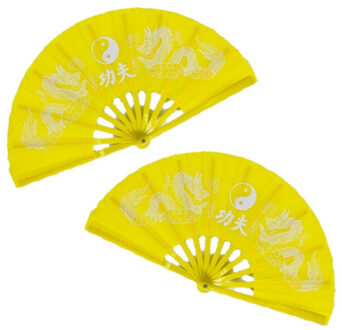 2x stuks handwaaiers/Tai Chi waaiers Yin Yang geel polyester