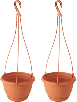 2x Stuks hangende kunststof Agro terracotta bloempot/plantenpot met schotel 1,2 liter - Plantenpotten Bruin