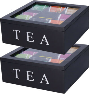 2x stuks houten theekist zwart 9-vaks 23 cm - Theedozen