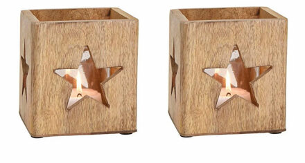 2x stuks houten windlichtje/theelichthouders met ster 12 cm - Waxinelichtjeshouders Bruin