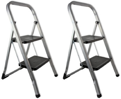 2x stuks huishoudtrap 2-tree staal zwart zilver