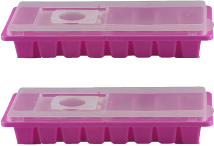 2x stuks ijsblokjes maken houders fuchsia roze met deksel 26 x 11 cm - IJsblokjesvormen