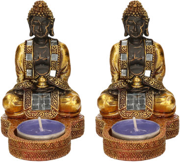 2x stuks indische boeddha theelichthouders goud/zwart 12 cm - Beeldjes Goudkleurig