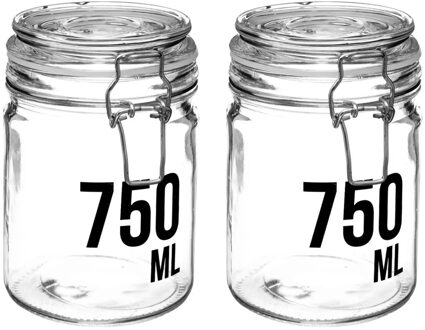 2x stuks inmaakpotten/voorraadpotten 0,75L glas met beugelsluiting - Voorraadpot Transparant