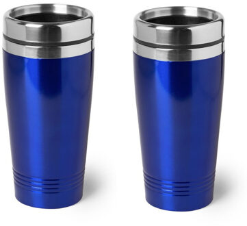 2x stuks isoleerbeker RVS metallic blauw 450 ml - Thermosbeker