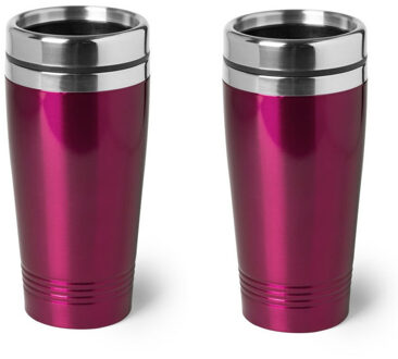 2x stuks isoleerbeker RVS metallic fuchsia roze 450 ml - Thermosbeker