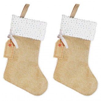 2x stuks jute kerstsokken met witte rand en zilveren pailletten 45 cm - Kerstsokken Bruin