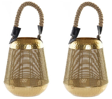 2x stuks kaarshouder/windlicht goud metaal 28 cm met touw