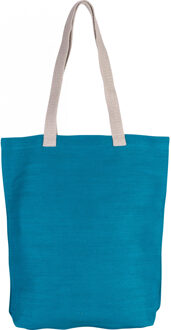 2x stuks katoenen schoudertasje in het turquoise blauw met ecru hangsels 38 x 42 cm