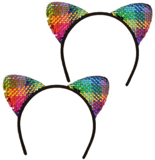 2x stuks katten/poezen oortjes met gekleurde pailletten haarband voor dames - Verkleedhoofddeksels Multikleur