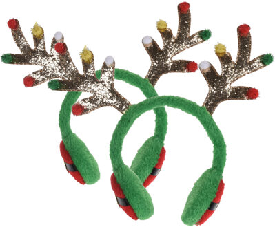 2x stuks kerst rendieren oorwarmers diadeem groen met rendier gewei