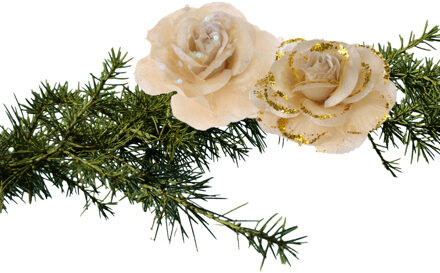 2x stuks kerstboom decoratie bloemen rozen goud op clip 9 cm - Kersthangers Goudkleurig