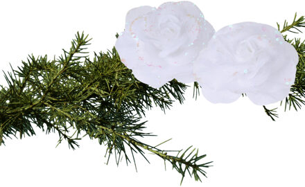 2x stuks kerstboom decoratie bloemen rozen wit op clip 9 cm - Kersthangers