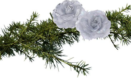 2x stuks kerstboom decoratie bloemen rozen zilver op clip 9 cm - Kersthangers Zilverkleurig