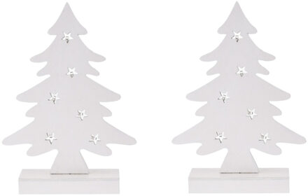 2x stuks kerstdecoratie kerstboom wit hout 28 cm met Led lampjes - Houten kerstbomen