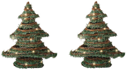 2x stuks kerstdecoratie rotan decoratie kerstboom groen met verlichting H40 cm - Kunstkerstboom