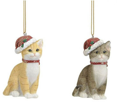 2x Stuks kersthangers katten/poezen met kerstmuts 9 cm kerstversiering Grijs