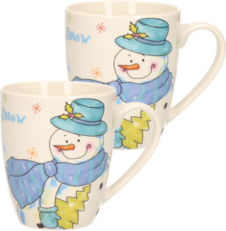 2x stuks kerstmok/wintermok sneeuwpop met blauwe muts en sjaal van poreselein 10 cm - Bekers Wit