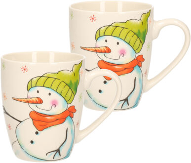 2x stuks kerstmok/wintermok sneeuwpop met groene muts en oranje sjaal van poreselein 10 cm - Bekers Wit