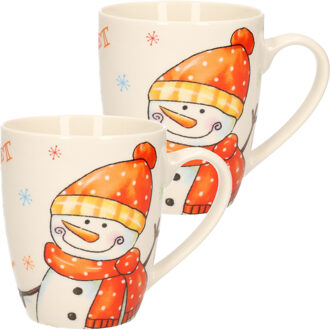 2x stuks kerstmok/wintermok sneeuwpop met oranje muts en sjaal van poreselein 10 cm