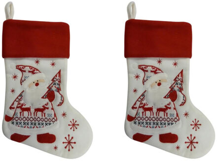 2x stuks kerstsok wit/rood pluche 45 cm kerstversiering/kerstdecoratie
