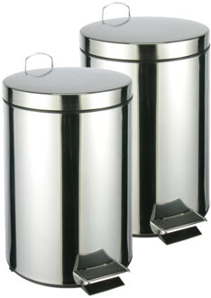 2x stuks keuken/badkamer pedaalemmers RVS 40 cm 12 liter - Pedaalemmers Zilverkleurig