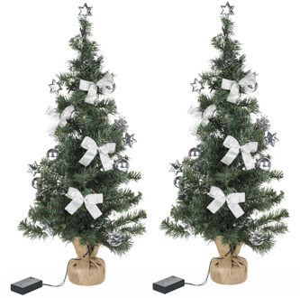 2x stuks kunstbomen/kunst kerstbomen inclusief kerstversiering en kerstverlichting 75 cm - Kunstkerstboom Groen