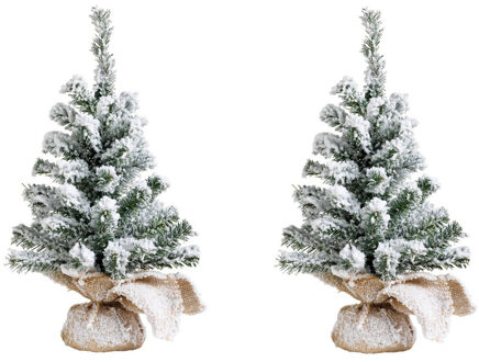 2x stuks kunstboom/kunst kerstboom groen met sneeuw 45 cm - Kunstkerstboom