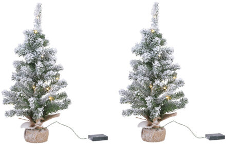 2x stuks kunstboom/kunst kerstboom met sneeuw en licht 60 cm - Kunstkerstboom Groen