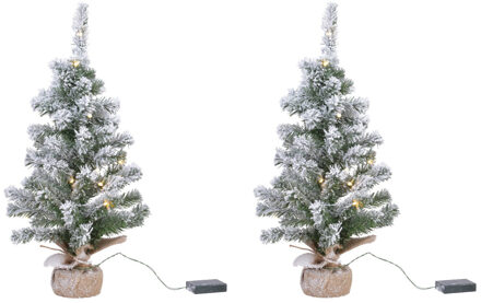 2x stuks kunstboom/kunst kerstboom met sneeuw en licht 75 cm - Kunstkerstboom Groen