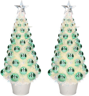 2x stuks kunstkerstbomen compleet met lichtjes en ballen groen 40 cm - Kunstkerstboom