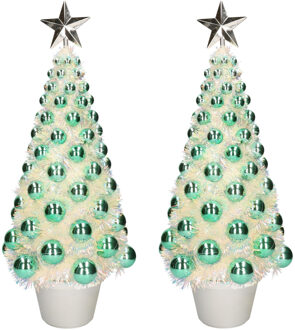 2x stuks kunstkerstbomen compleet met lichtjes en ballen groen 50 cm - Kunstkerstboom