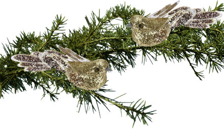 2x stuks kunststof decoratie vogels op clip goud met pailletten 15 cm