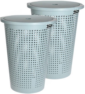 2x Stuks Kunststof Wasmand Met Deksel Rond Mintgroen 35 Liter