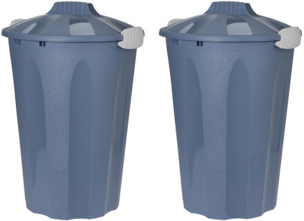 2x stuks kunststof wasmanden met deksel rond blauw 40 liter