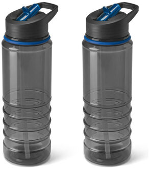 2x Stuks kunststof waterfles/drinkfles transparant zwart/blauw met rietje 650 ml - Drinkflessen