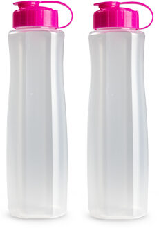 2x stuks kunststof waterflessen 1500 ml transparant met dop roze