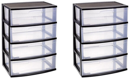 2x stuks ladekast/organizer met 4 lades zwart/transparant - 40 x 56 x 80 cm - Ladekasten/organisers kantoor