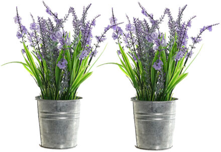 2x stuks lavendel kunstplanten/kamerplanten paars in grijze sierpot H28 cm x D18 cm - Kunstplanten