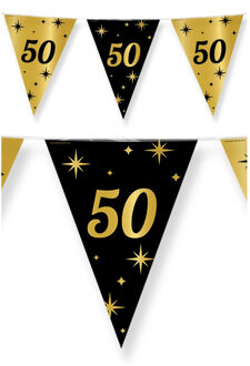 2x stuks leeftijd verjaardag feest vlaggetjes 50 jaar geworden zwart/goud 10 meter - Vlaggenlijnen Multikleur