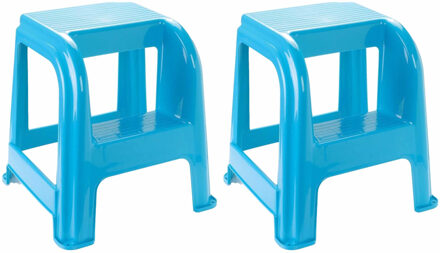 2x stuks lichtblauw keukenkrukje/opstapje met 2 treden 45 cm