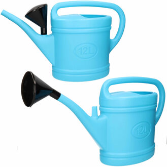 2x Stuks Lichtblauwe Tuin Planten Gieter Met Broeskop 12 Liter - Planten Water Geven - Kunststof - 70 X 19 X 41 Cm